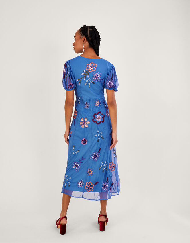 Annie Embroidered Midi Dress in Recycled Polyester Blue | Evening ...