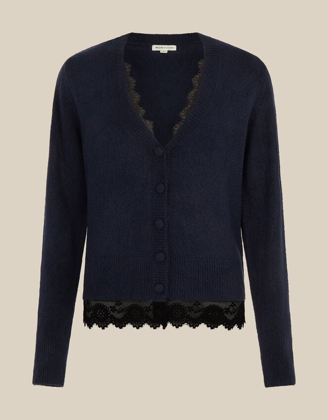 Lula Lace Trim Cardigan, Blue (NAVY), large