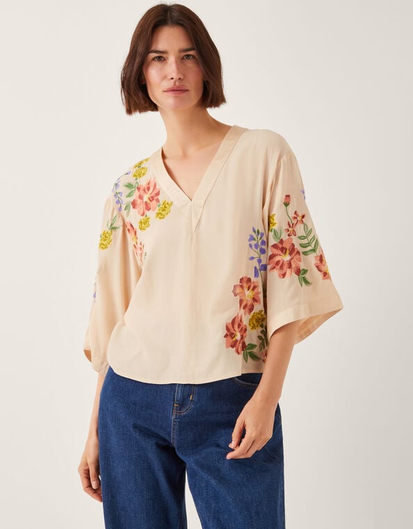 Sylvia Floral Embroidered V-Neck Top, APRICOT, large