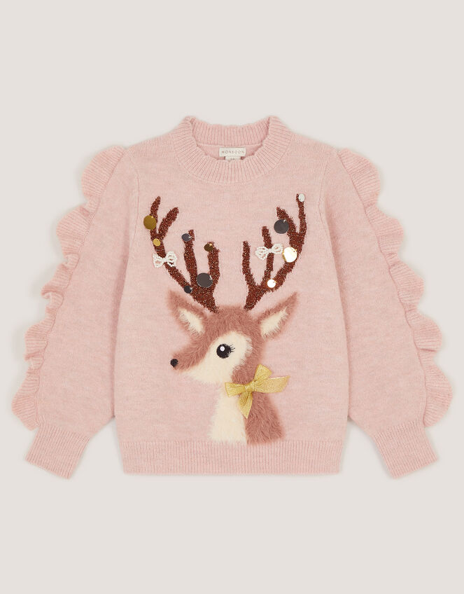 Dahlia Christmas Reindeer Knit Jumper, Pink (PINK), large