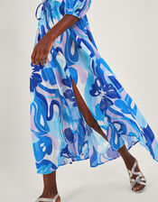 Swirl Print Puff Sleeve Maxi Dress, Blue (BLUE), large