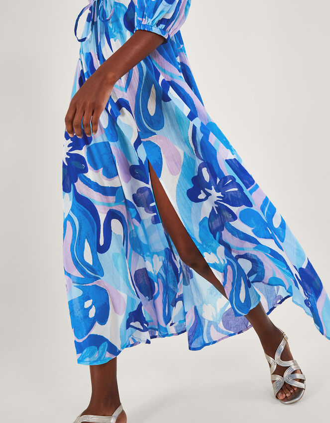 Swirl Print Puff Sleeve Maxi Dress, Blue (BLUE), large