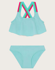 Cross Strap Frilly Bikini Set, Blue (TURQUOISE), large
