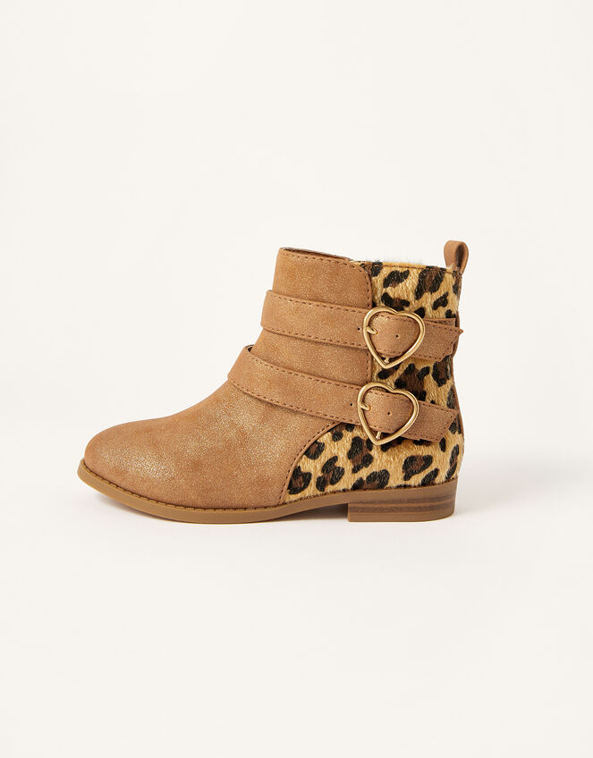 Leopard Panel Heart Buckle Boots, Tan (TAN), large