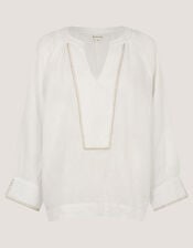 Frida V-Neck Linen Blouse, White (WHITE), large