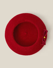 Velvet Bow Wool Beret, Red (RED), large