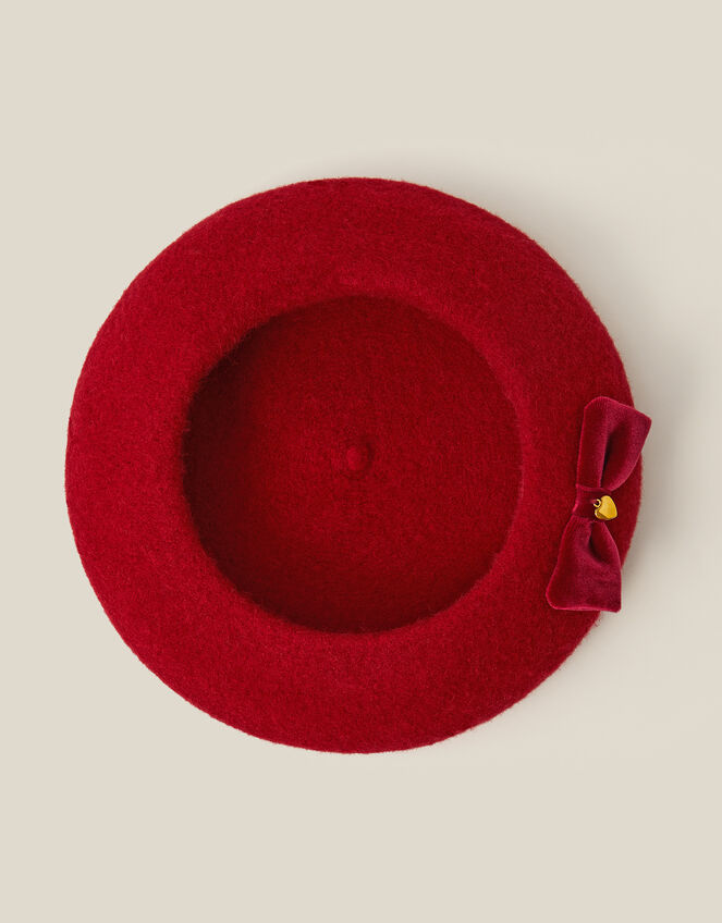 Velvet Bow Wool Beret, Red (RED), large