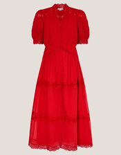 Kiana Pintuck Puff-Sleeve Midi Dress, Red (RED), large