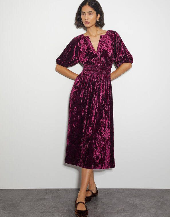 Valle Puff Sleeve Velvet Midi Dress, Red (BERRY), large