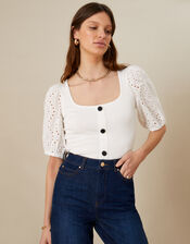 Broderie Short Sleeve Woven Jumper, Ivory (IVORY), large