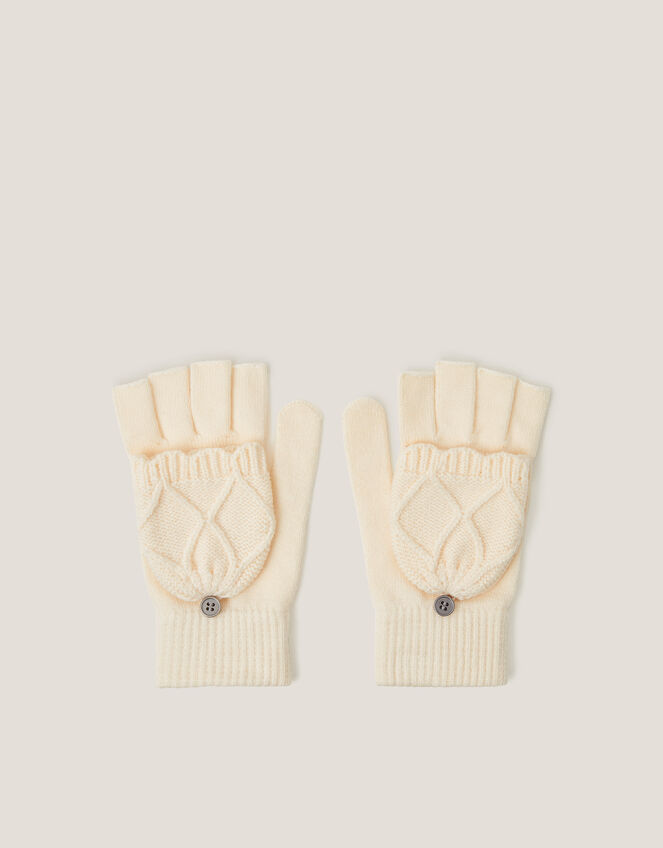 Diamond Fingerless Gloves with Mittens, Ivory (IVORY), large