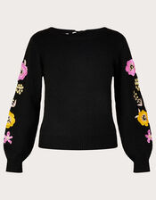 Embroidered Flower Sleeve Jumper with Recycled Polyester, Black (BLACK), large