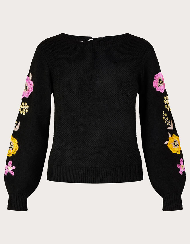 Embroidered Flower Sleeve Jumper with Recycled Polyester, Black (BLACK), large