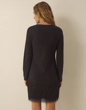 Fina Long Sleeve Knitted Fringe Mini Dress, Black (BLACK), large