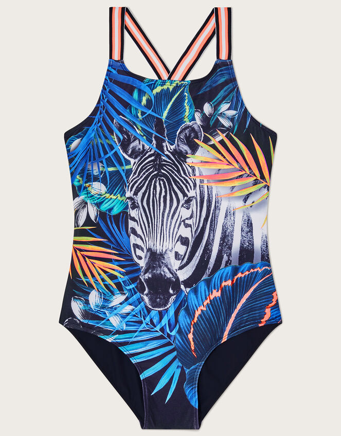 Zebra Palm Print Swimsuit, Black (BLACK), large