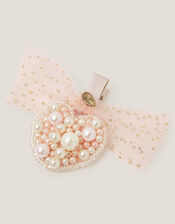 Pearl Heart Bow Hair Clip, , large