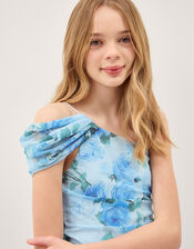 Texas One Shoulder Floral Prom Dress, Blue (BLUE), large