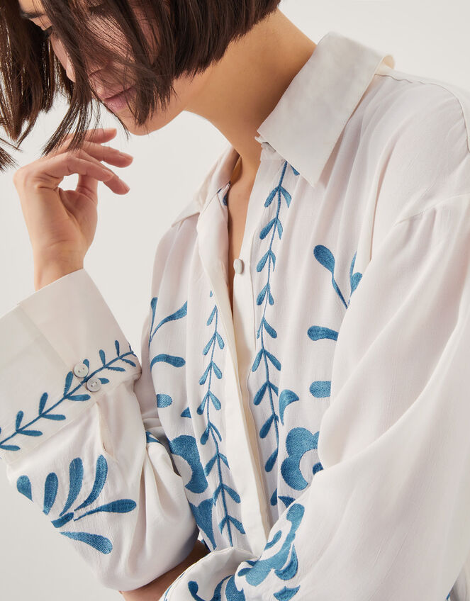 Cora Leaf Embroidered Shirt, White (WHITE), large