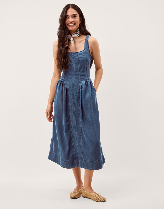 Delia Square Neck Denim Midi Dress, Blue (DENIM BLUE), large