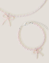 Pearl Bow Pendant Necklace and Bracelet Set, , large