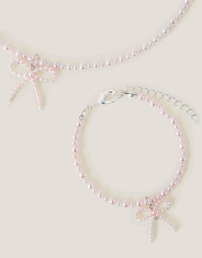 Pearl Bow Pendant Necklace and Bracelet Set, , large