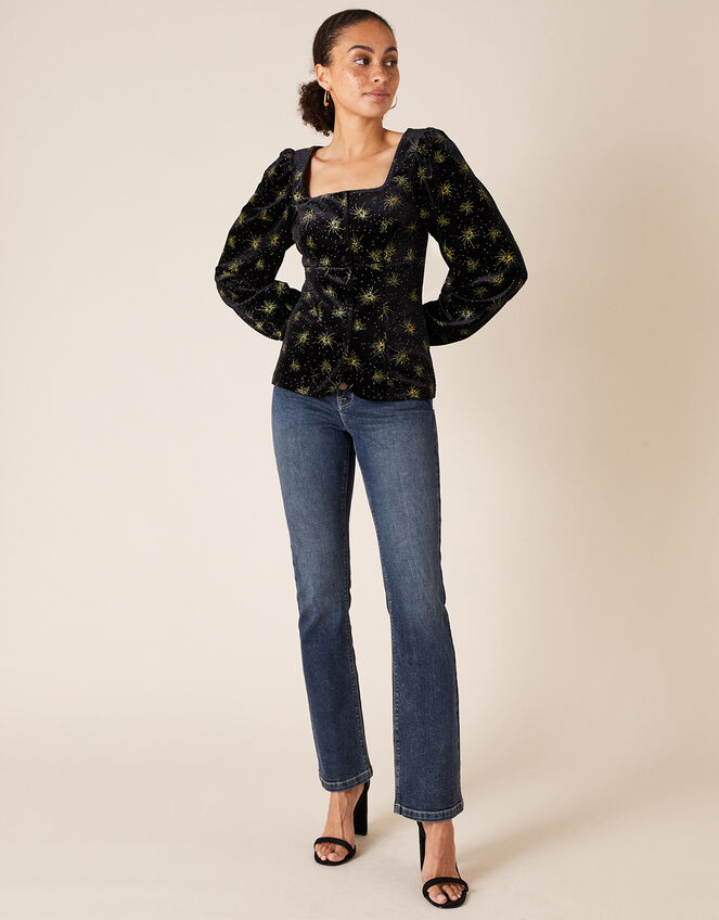 Ebony Glitter Print Stretch Velvet Top, Black (BLACK), large