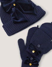 Bow Bobble Hat & Gloves Set, Blue (NAVY), large