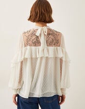 Debbie Embellished Polka Dot Ruffle Blouse, Ivory (IVORY), large