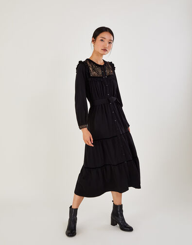 Velvet Embroidered Yoke Jersey Dress, Black (BLACK), large
