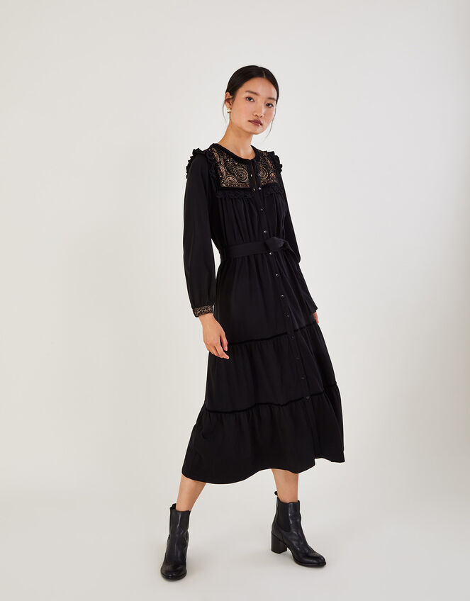 Velvet Embroidered Yoke Jersey Dress, Black (BLACK), large