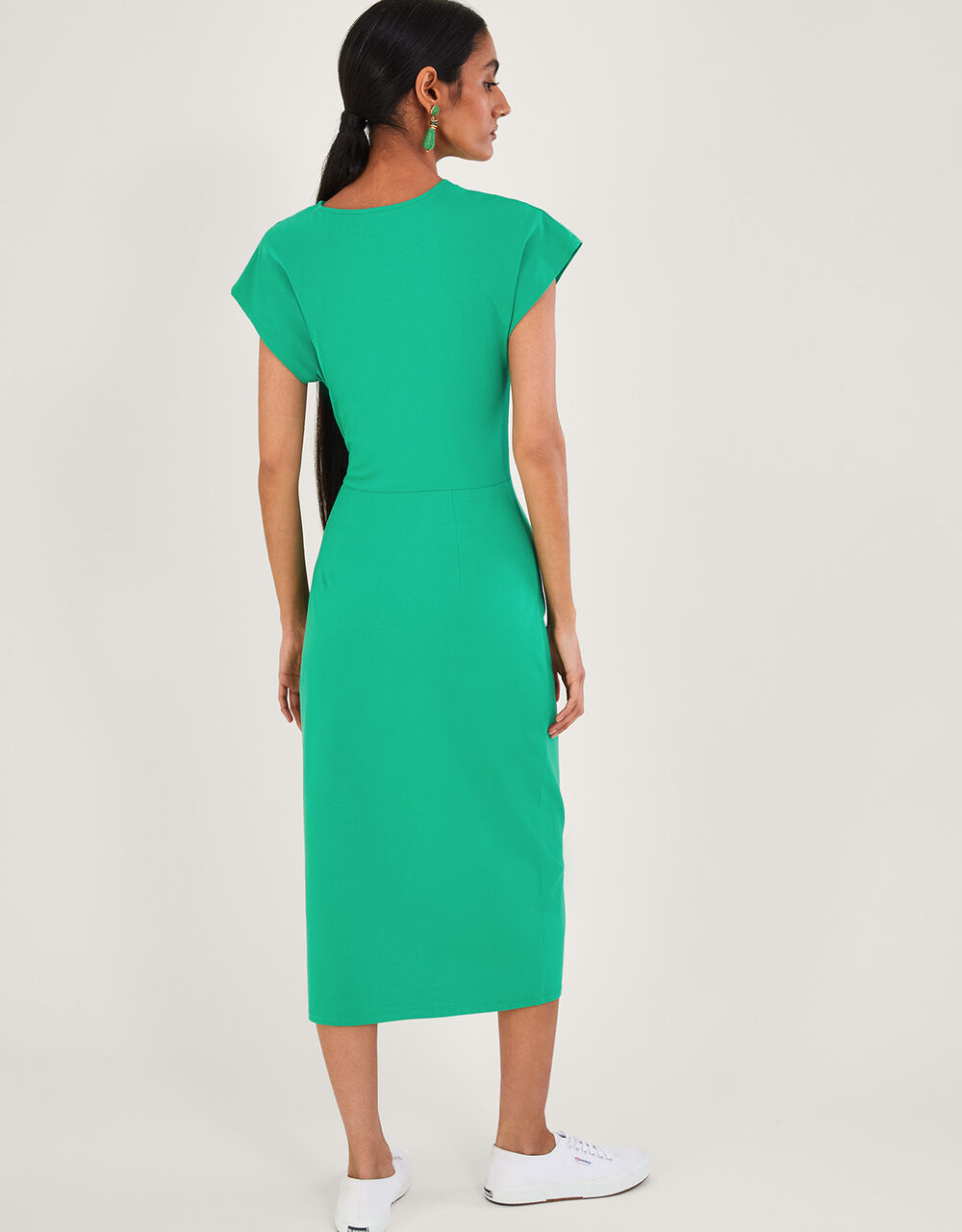 Short Sleeve Side Knot Midi Jersey Dress with Sustainable Cotton Green