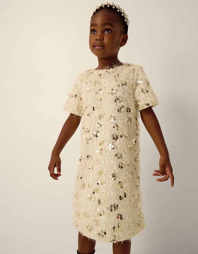 Frankie Short Sleeve Sequin Fringe Party Dress, White (WARM IVORY), large