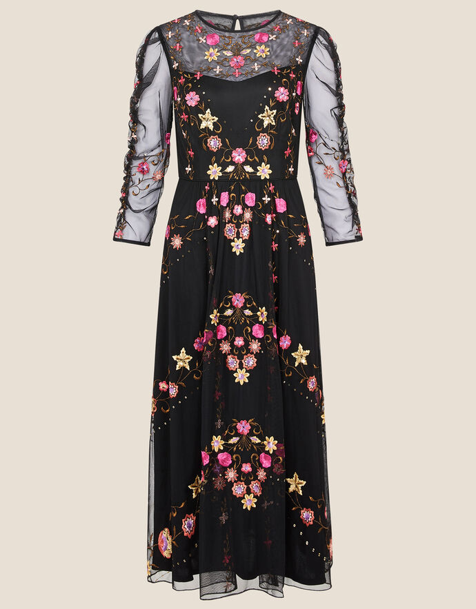 Marcia Embroidered Midi Dress Black