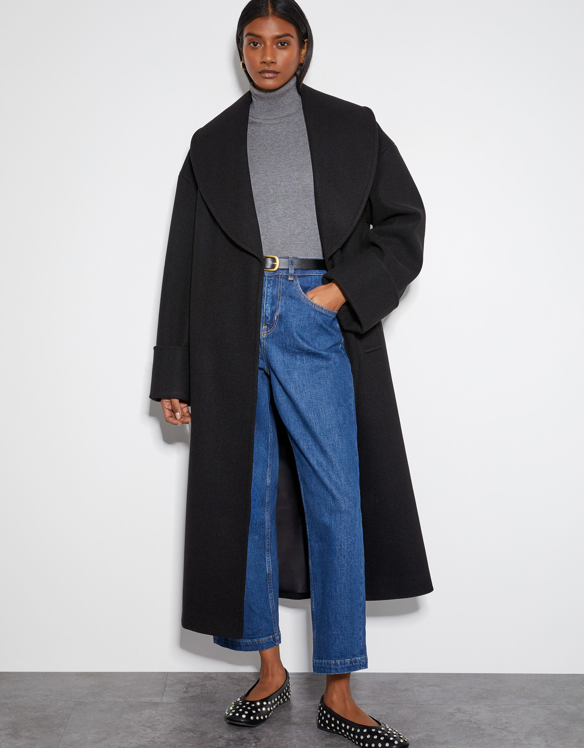 Long black shawl coat clearance