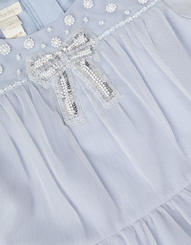 Long Sleeve Bow Beaded Ruffle Dress, Blue (BLUE), large