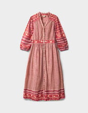 East Devyn Hand-Woodblock Printed Floral Stripe Cotton Midi Dress, Pink (PINK), large