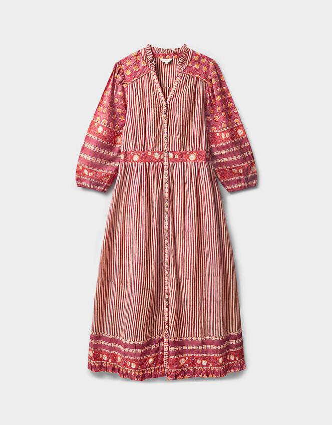 East Devyn Hand-Woodblock Printed Floral Stripe Cotton Midi Dress, Pink (PINK), large