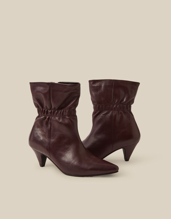 Fia Ruched Leather Kitten Heel Boots, Red (BURGUNDY), large