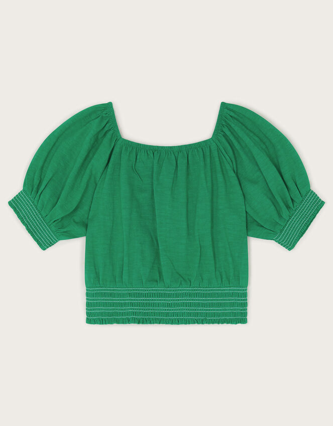 Embroidered Parrot Puff Sleeve Top, Green (GREEN), large