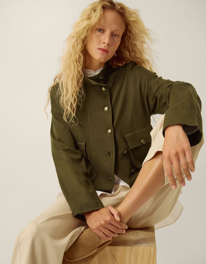 Naya High Neck Knitted Jacket, Green (KHAKI), large