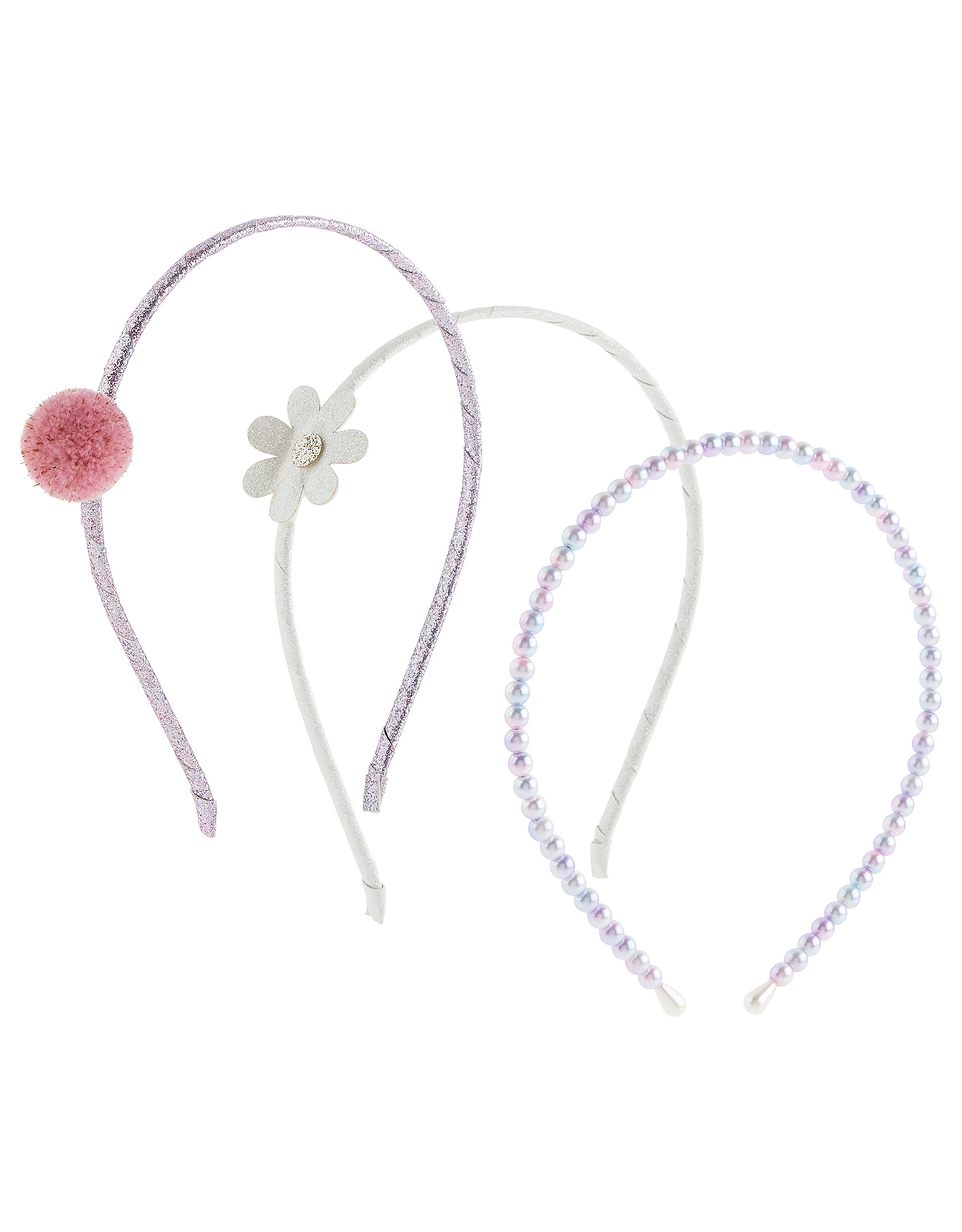 Pearl, Flower and Pom-Pom Headband Set, , large