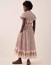 East Karmen Hand-Woodblock Floral Printed Cotton Waisted Midi Dress, Pink (PINK), large