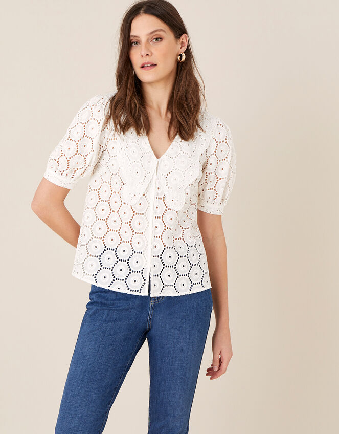 Mia Wide Collar Broderie Blouse, Ivory (IVORY), large