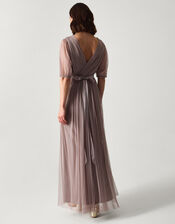 Ellie Sheer Sleeve Plunge Tulle Maxi Dress, Mink (MINK), large