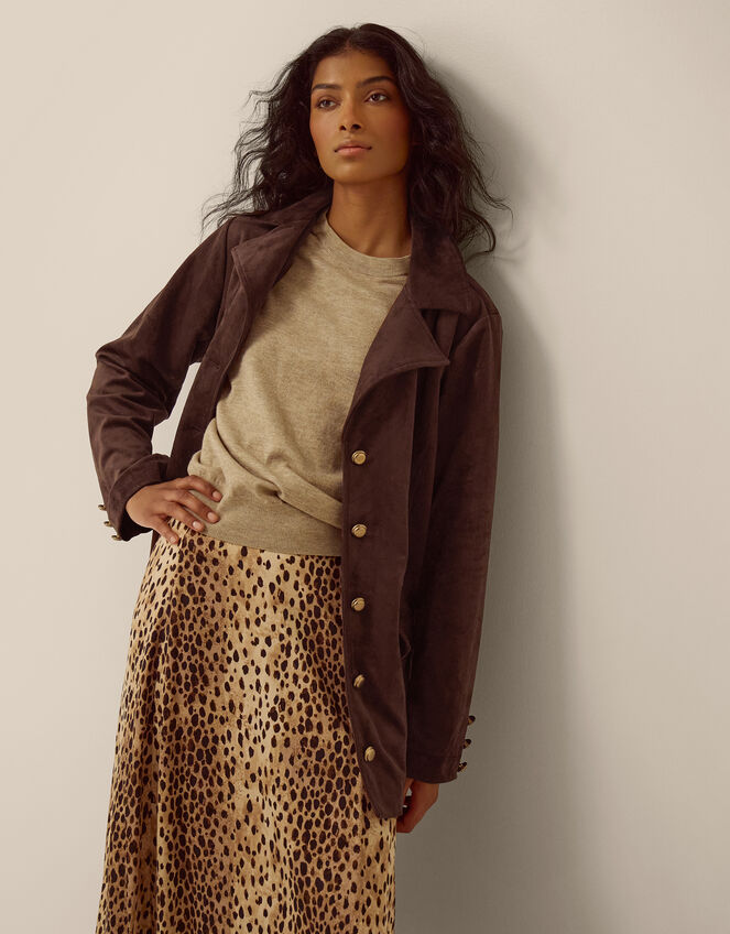 Eva Faux Suede Longline Jacket, Brown (DARK BROWN), large