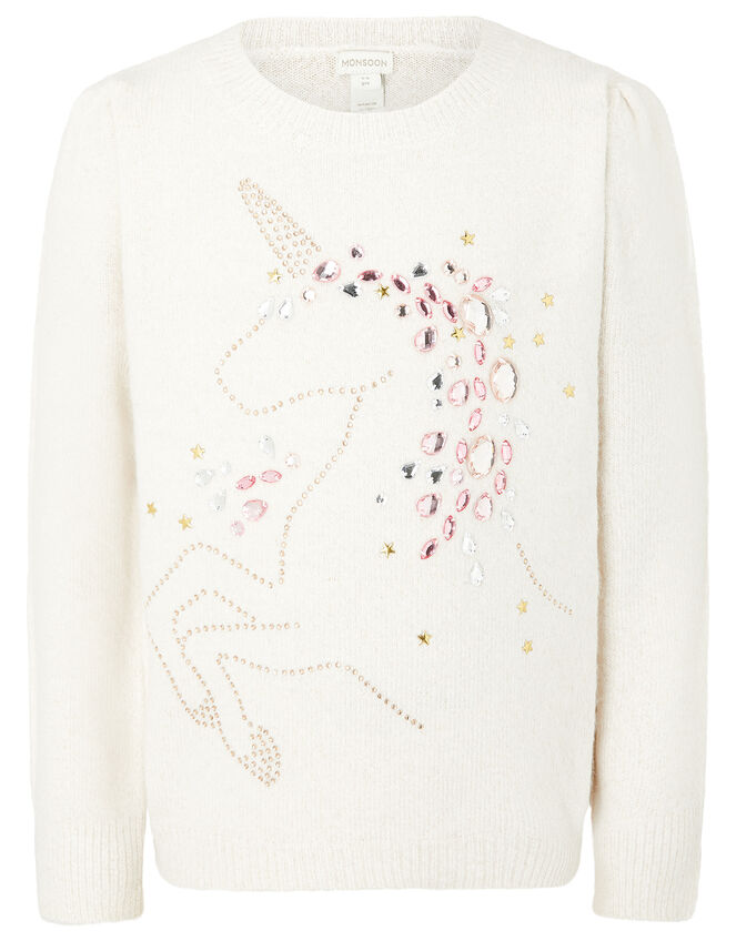 Embellished Unicorn Knit Jumper, Ivory (IVORY), large