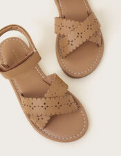 Leather Cutwork Sandals, Tan (TAN), large
