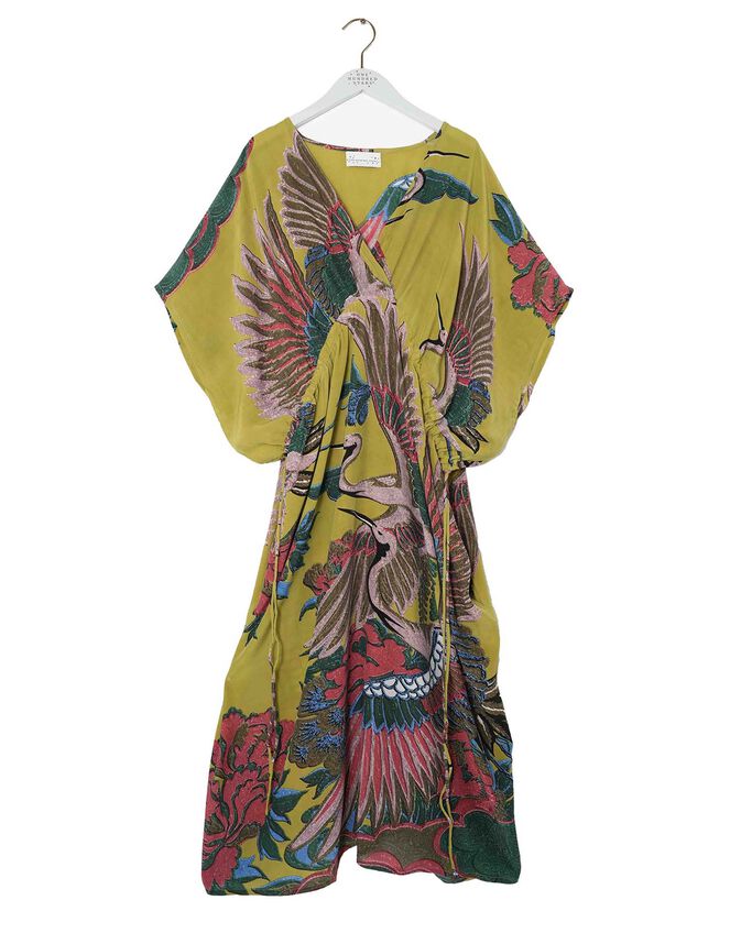 One Hundred Stars Crane Print Drawstring Midi Dress, Green (GREEN), large