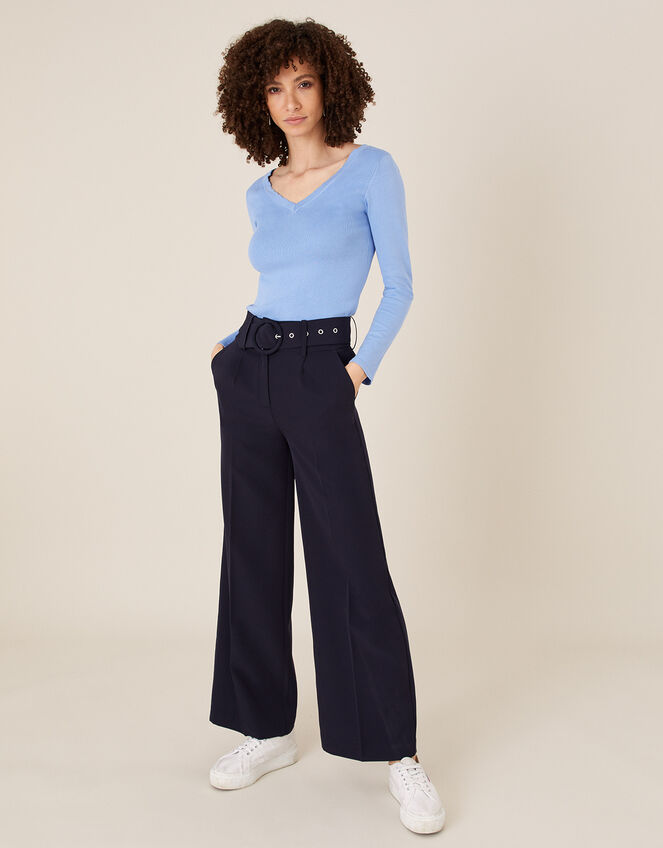 Circle Belt Wide Leg Trousers, Blue (NAVY), large