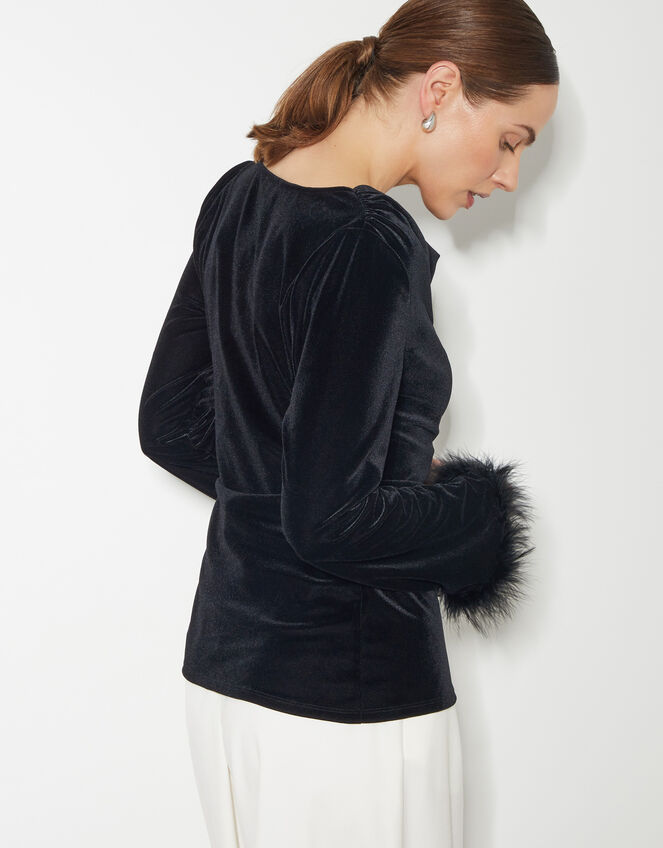 Fay Velvet Feather Sleeve Cowl Top, Black (BLACK), large